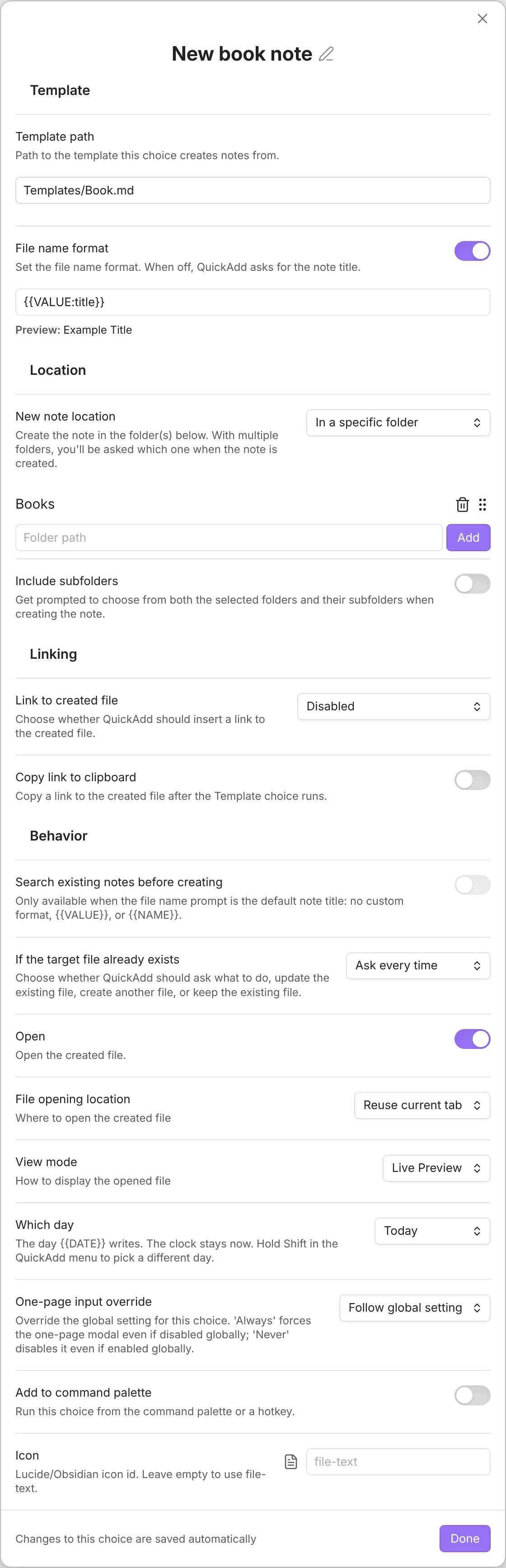 The QuickAdd Template builder, showing the Template, Location, Linking, and Behavior sections